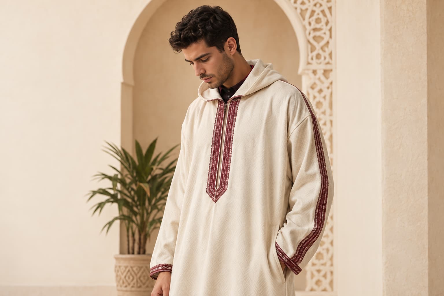 Man in a cream hooded Moroccan djellaba with burgundy embroidered trim